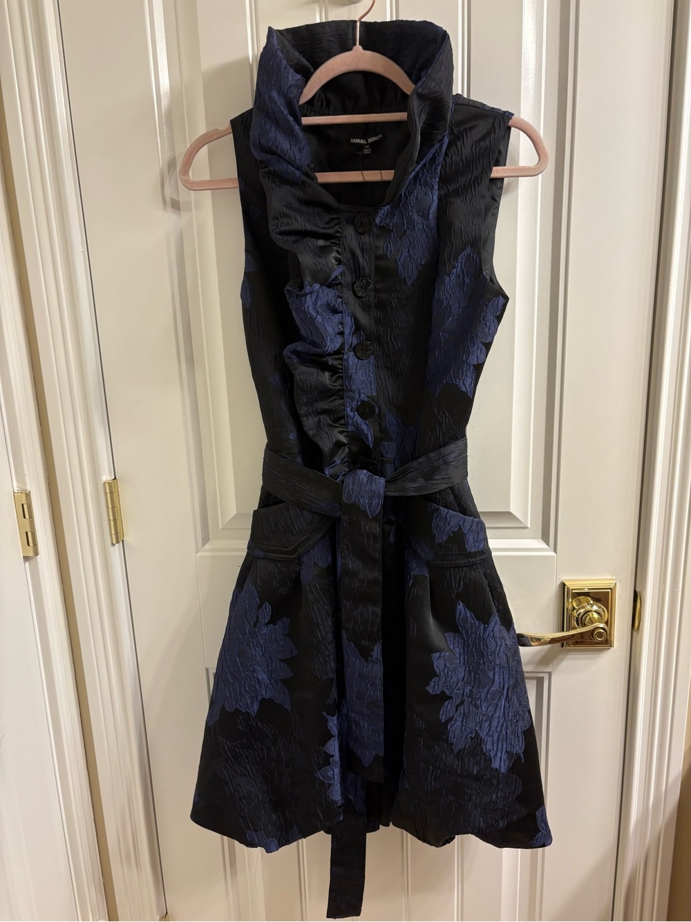 Samuel Dong NWT Black Blue Jacquard Sleeveless Belted Bubble Dress Ruffle Collar